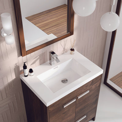 Lugano 30"W x 20"D Rosewood Bathroom Vanity with White Acrylic Countertop and Integrated Sink