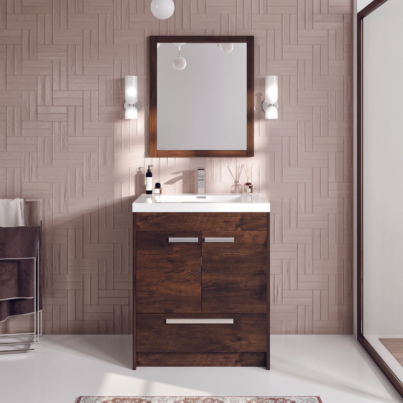 Lugano 30"W x 20"D Rosewood Bathroom Vanity with White Acrylic Countertop and Integrated Sink