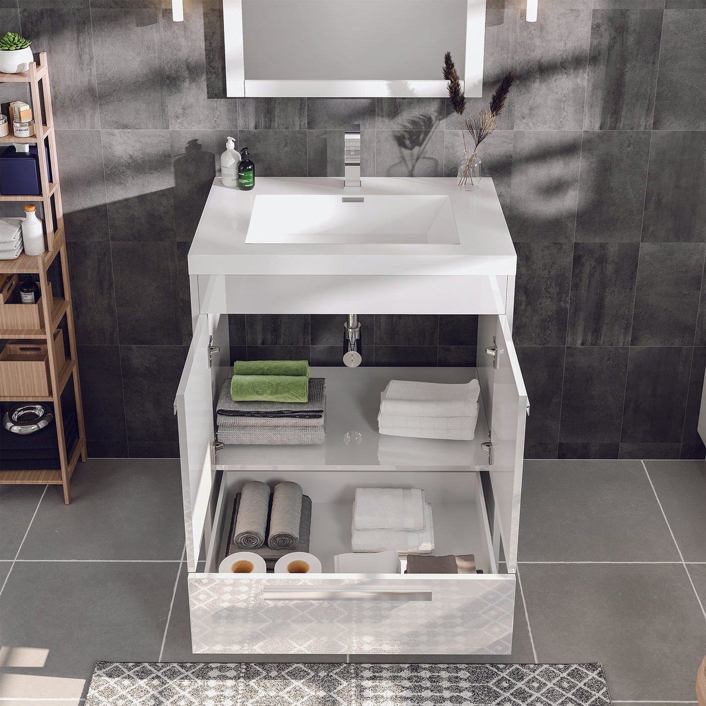 Lugano 30"W x 20"D White Bathroom Vanity with White Acrylic Countertop and Integrated Sink