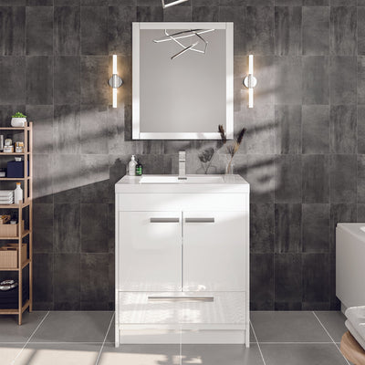 Lugano 30"W x 20"D White Bathroom Vanity with White Acrylic Countertop and Integrated Sink