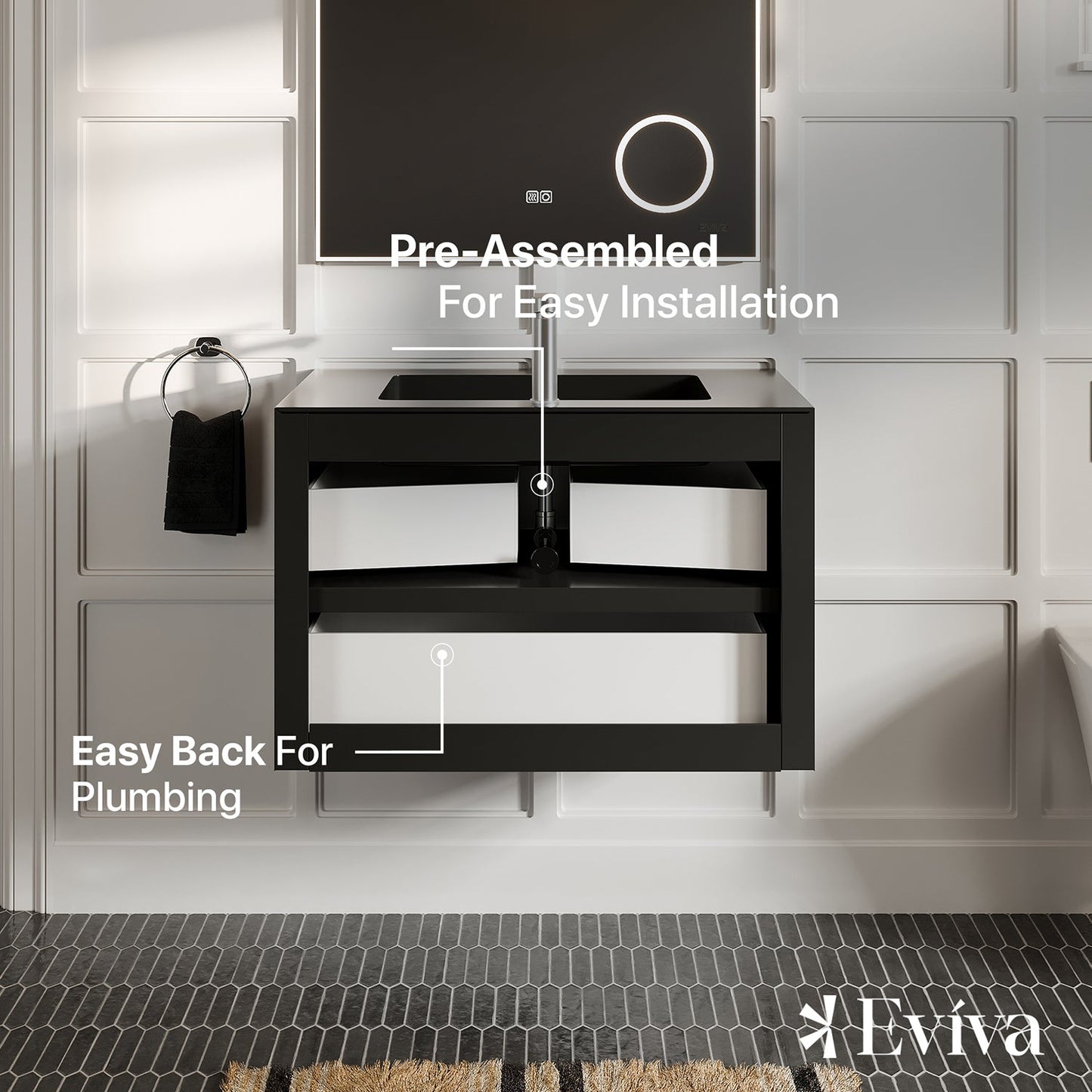 Eviva Vienna 36" White Oak w/ Black Frame Wall Mount Bathroom Vanity w/ Black Integrated Top