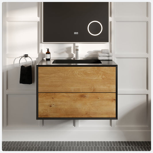 Vienna 36"W x 19"D Oak/Black Wall Mount Bathroom Vanity with Acrylic Countertop and Integrated Sink