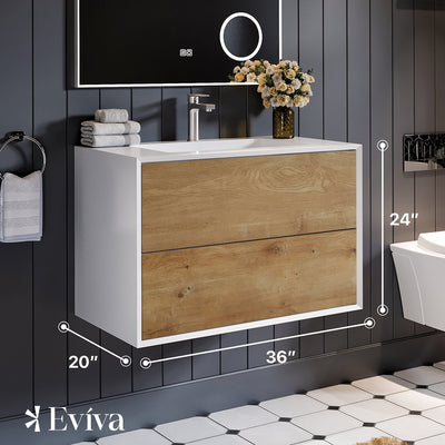 Vienna 36"W x 19"D Oak Wall Mount Bathroom Vanity with White Acrylic Countertop and Integrated Sink