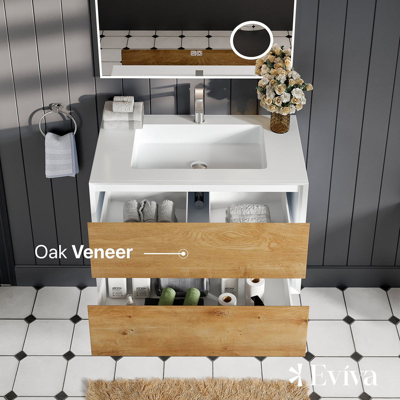 Vienna 36"W x 19"D Oak Wall Mount Bathroom Vanity with White Acrylic Countertop and Integrated Sink