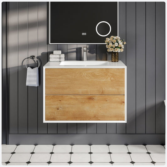 Vienna 36"W x 19"D Oak/White Wall Mount Bathroom Vanity with Acrylic Countertop and Integrated Sink