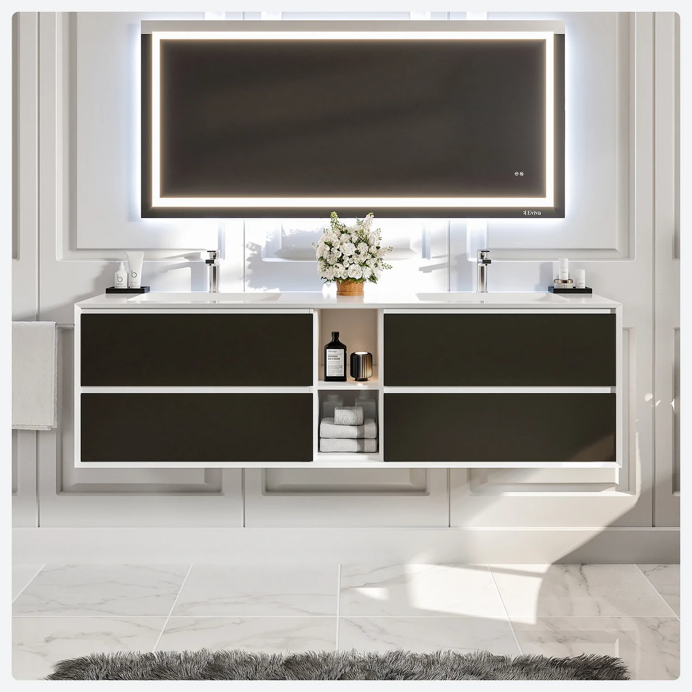 Vienna 75"W x 21"D Blackwood Wall Mount Double Sink Bathroom Vanity with White Acrylic Countertop and Integrated Sinks