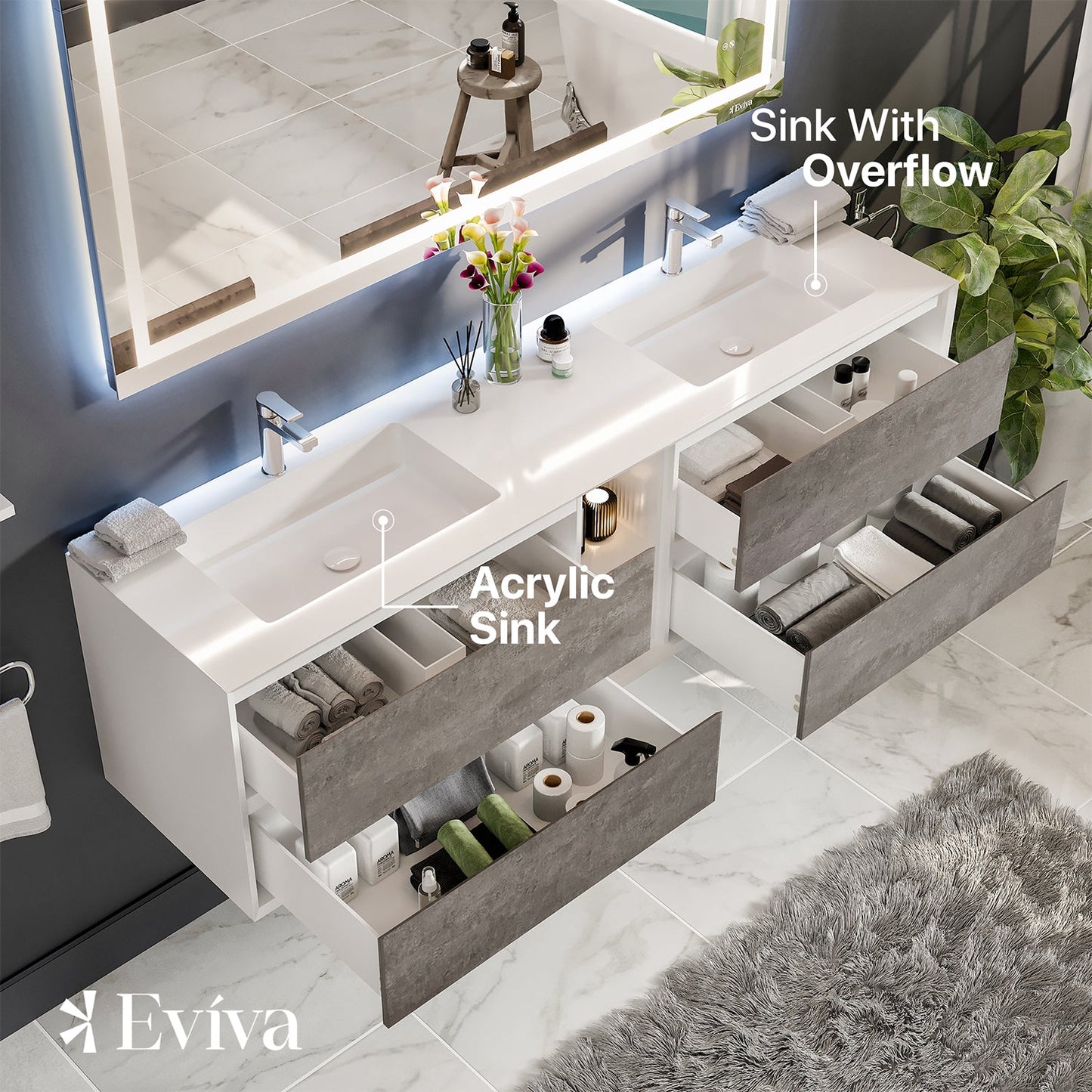 Eviva Vienna 75" Cement Gray w/ White Frame Wall Mount Double Sink Bathroom Vanity w/ White Integrated Top