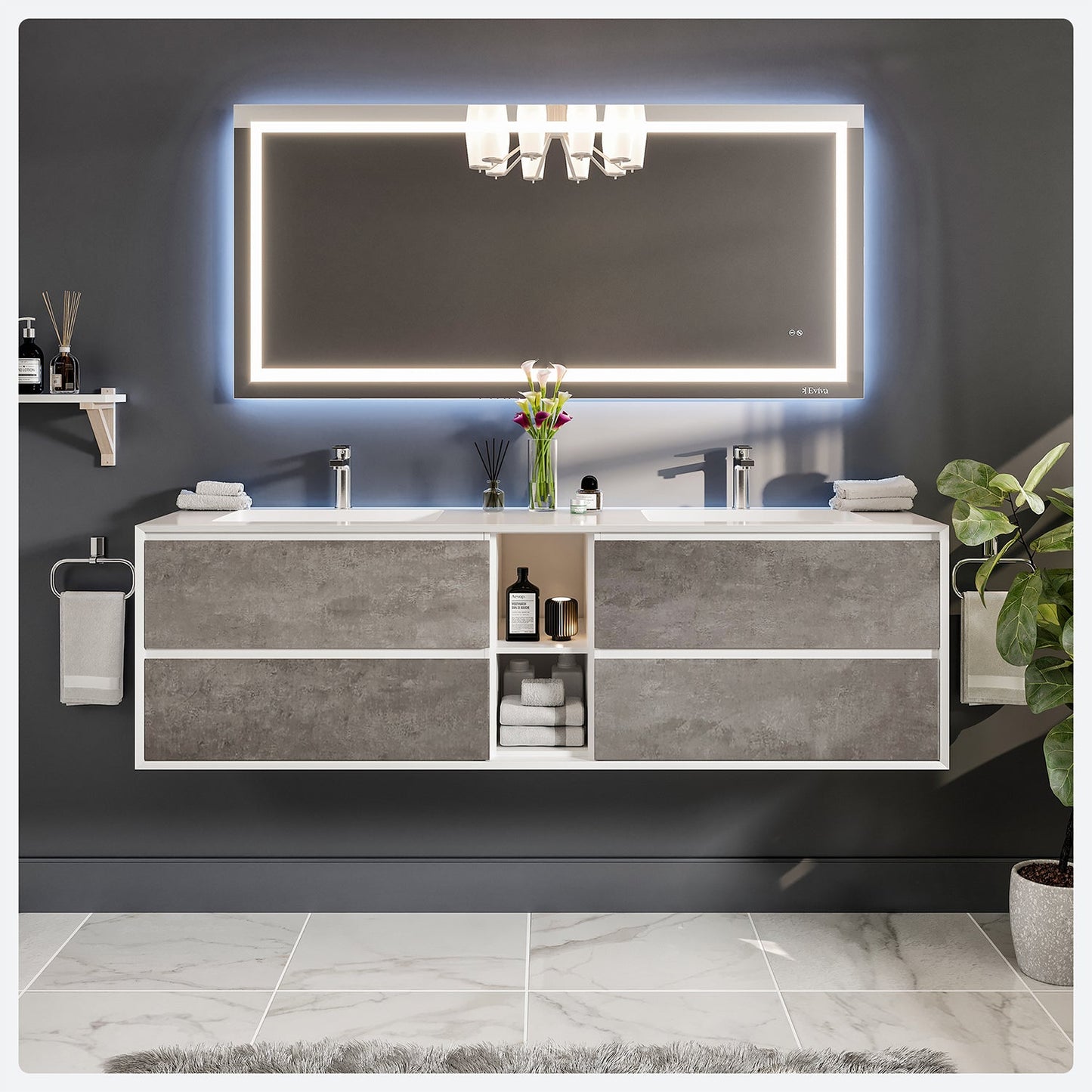 Eviva Vienna 75" Cement Gray w/ White Frame Wall Mount Double Sink Bathroom Vanity w/ White Integrated Top