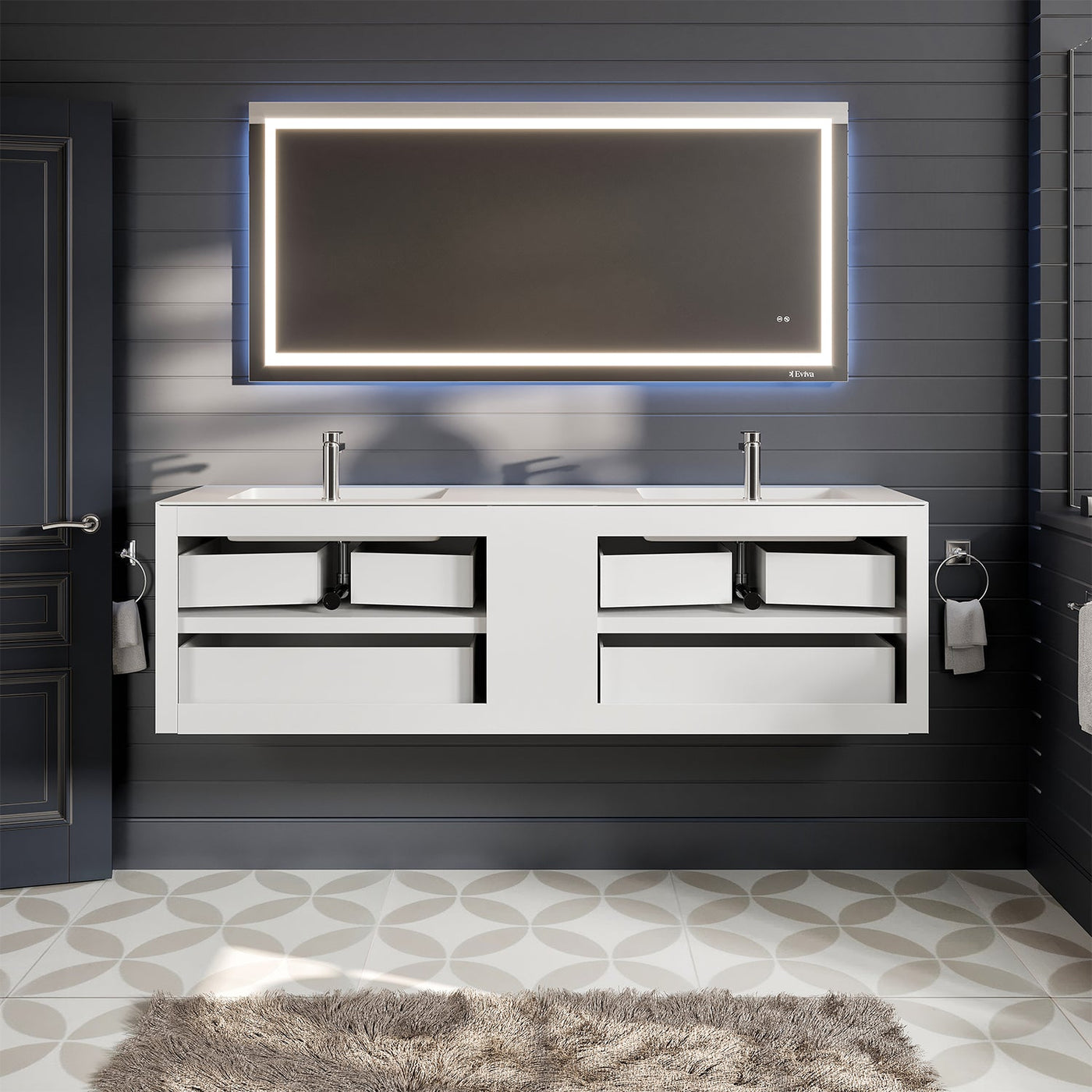 Vienna 75"W x 21"D Gray Oak Wall Mount Double Sink Bathroom Vanity with White Acrylic Countertop and Integrated Sinks