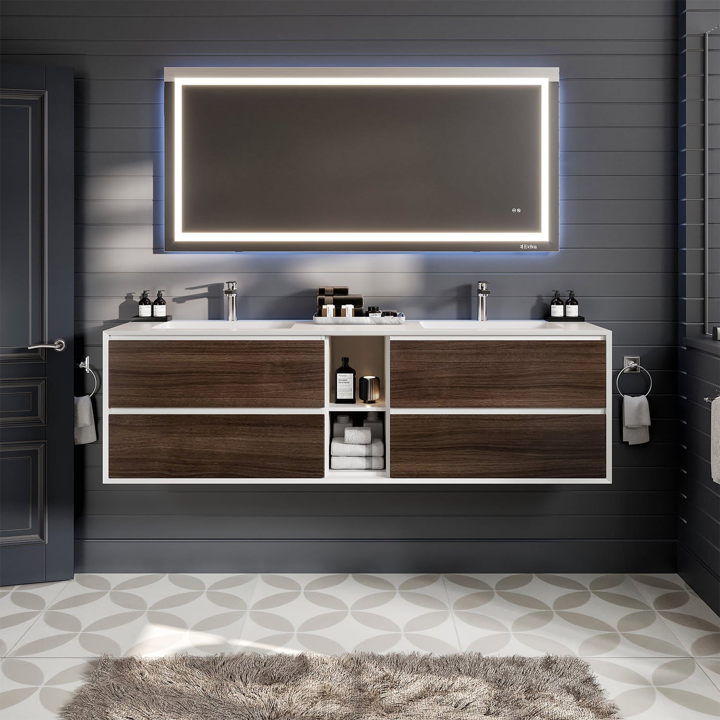 Eviva Vienna 75" Gray Oak w/ White Frame Wall Mount Double Sink Bathroom Vanity w/ White Integrated Top