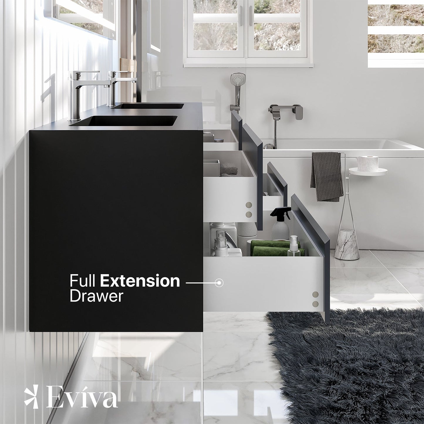 Eviva Vienna 75" Gray w/ Black Frame Wall Mount Double Sink Bathroom Vanity w/ Black Integrated Top