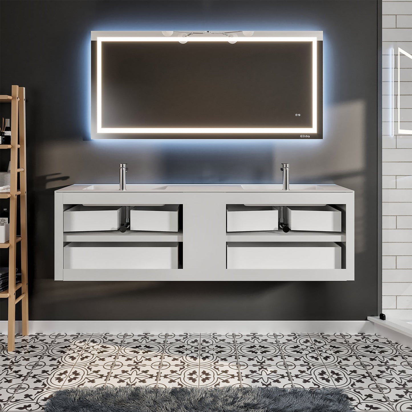 Eviva Vienna 75" Gray w/ White Frame Wall Mount Double Sink Bathroom Vanity w/ White Integrated Top