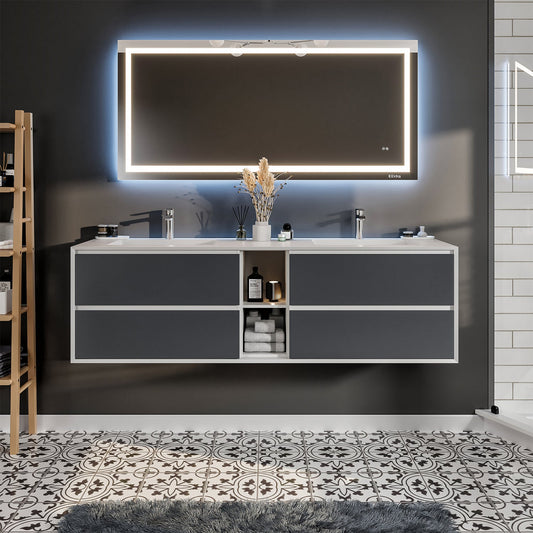 Eviva Vienna 75" Gray w/ White Frame Wall Mount Double Sink Bathroom Vanity w/ White Integrated Top