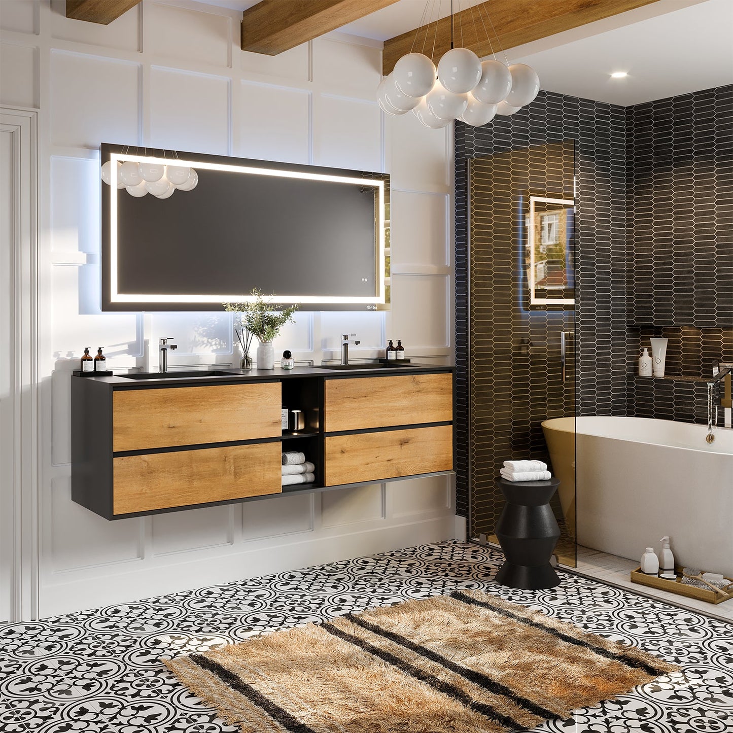 Eviva Vienna 75" White Oak w/ Black Frame Wall Mount Double Sink Bathroom Vanity w/ Black Integrated Top