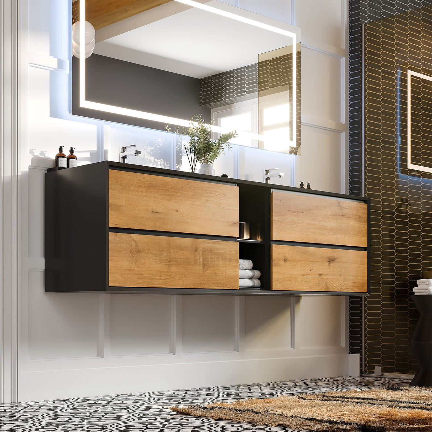 Vienna 75"W x 21"D Oak Wall Mount Double Sink Bathroom Vanity with Black Acrylic Countertop and Integrated Sinks