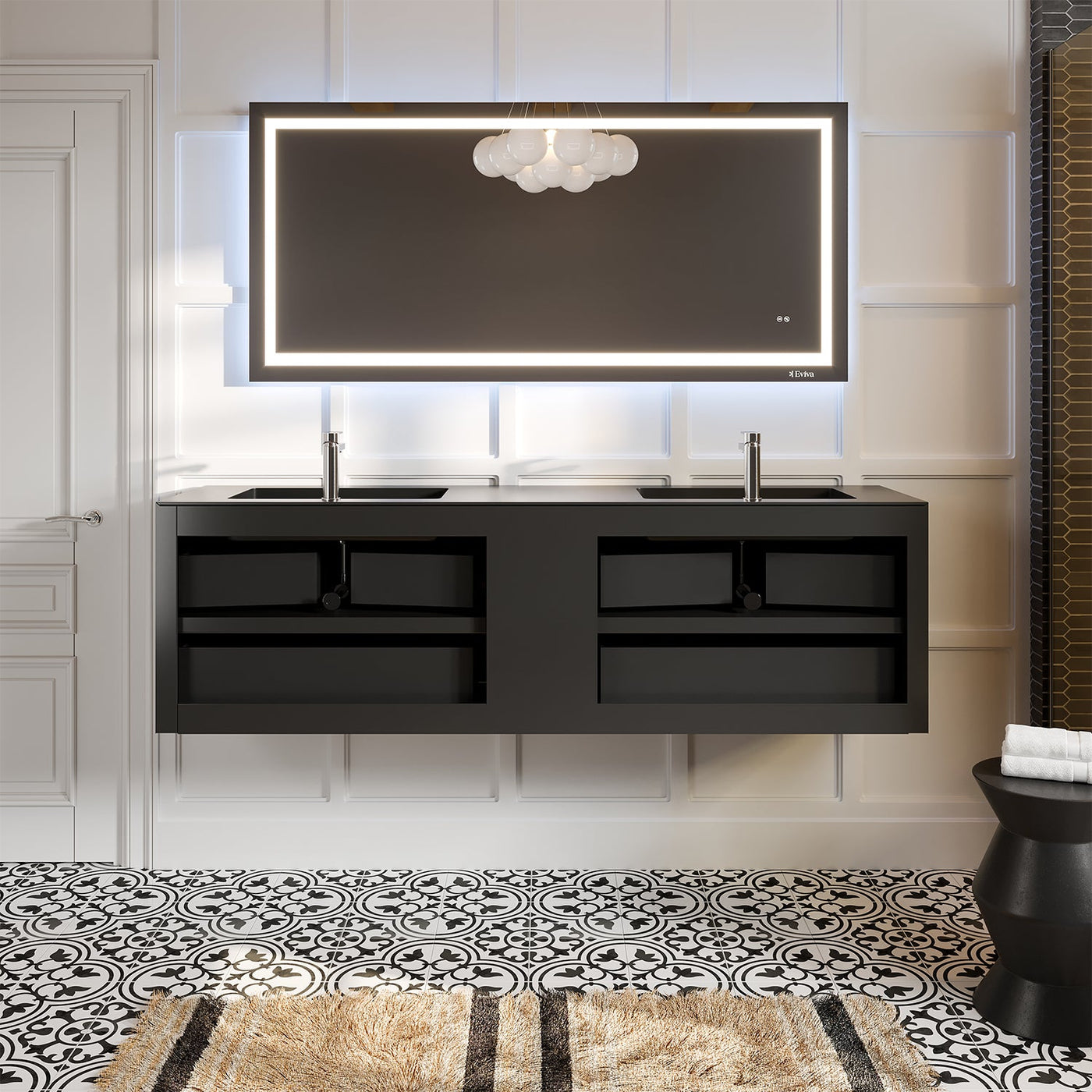 Vienna 75"W x 21"D Oak Wall Mount Double Sink Bathroom Vanity with Black Acrylic Countertop and Integrated Sinks