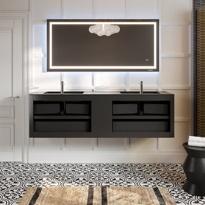 Vienna 75"W x 21"D Oak Wall Mount Double Sink Bathroom Vanity with Black Acrylic Countertop and Integrated Sinks