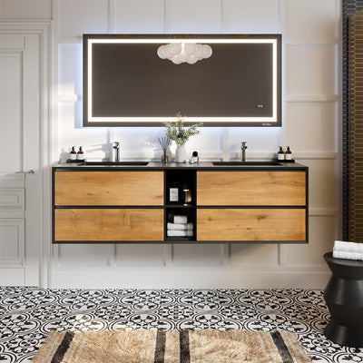 Vienna 75"W x 21"D Oak Wall Mount Double Sink Bathroom Vanity with Black Acrylic Countertop and Integrated Sinks