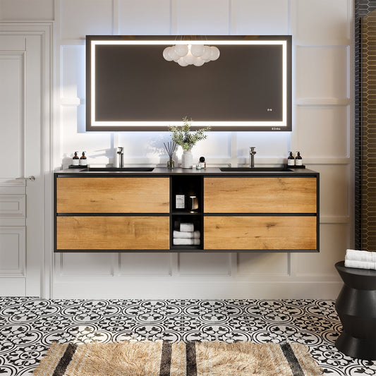 Vienna 75"W x 21"D Oak/Black Double Sink Wall Mount Bathroom Vanity with Acrylic Countertop and Integrated Sink