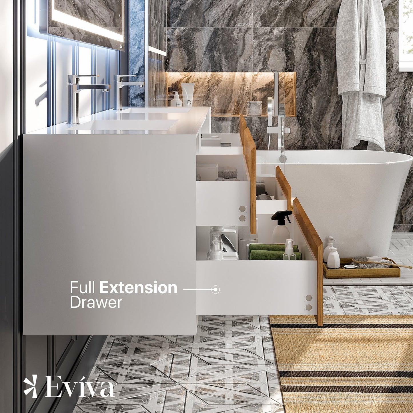 Eviva Vienna 75" White Oak w/ White Frame Wall Mount Double Sink Bathroom Vanity w/ White Integrated Top