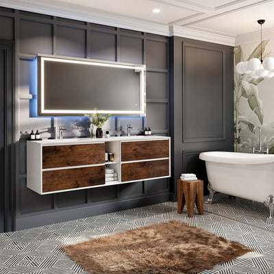 Vienna 75"W x 21"D Rosewood Wall Mount Double Sink Bathroom Vanity with White Acrylic Countertop and Integrated Sinks