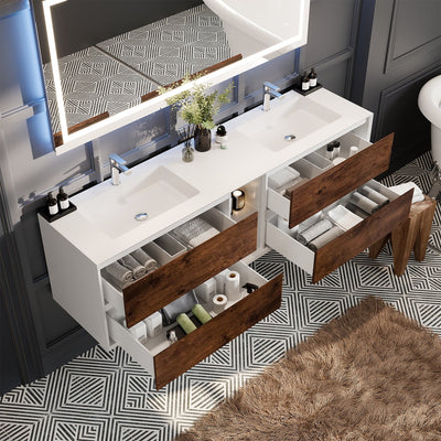 Vienna 75"W x 21"D Rosewood Wall Mount Double Sink Bathroom Vanity with White Acrylic Countertop and Integrated Sinks