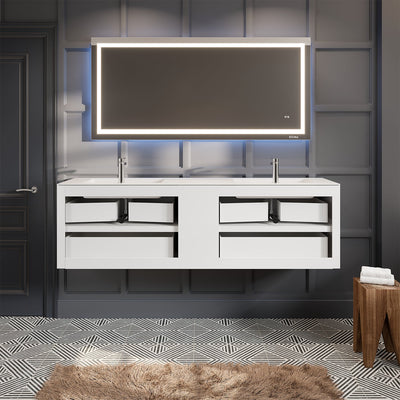 Vienna 75"W x 21"D Rosewood Wall Mount Double Sink Bathroom Vanity with White Acrylic Countertop and Integrated Sinks