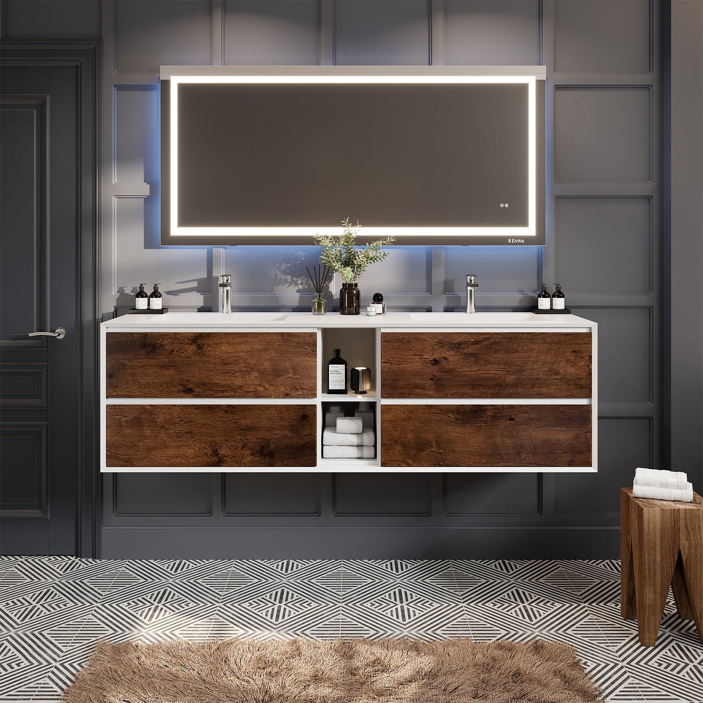 Eviva Vienna 75" Rosewood w/ White Frame Wall Mount Double Sink Bathroom Vanity w/ White Integrated Top