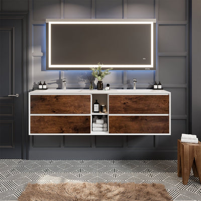 Vienna 75"W x 21"D Rosewood Wall Mount Double Sink Bathroom Vanity with White Acrylic Countertop and Integrated Sinks