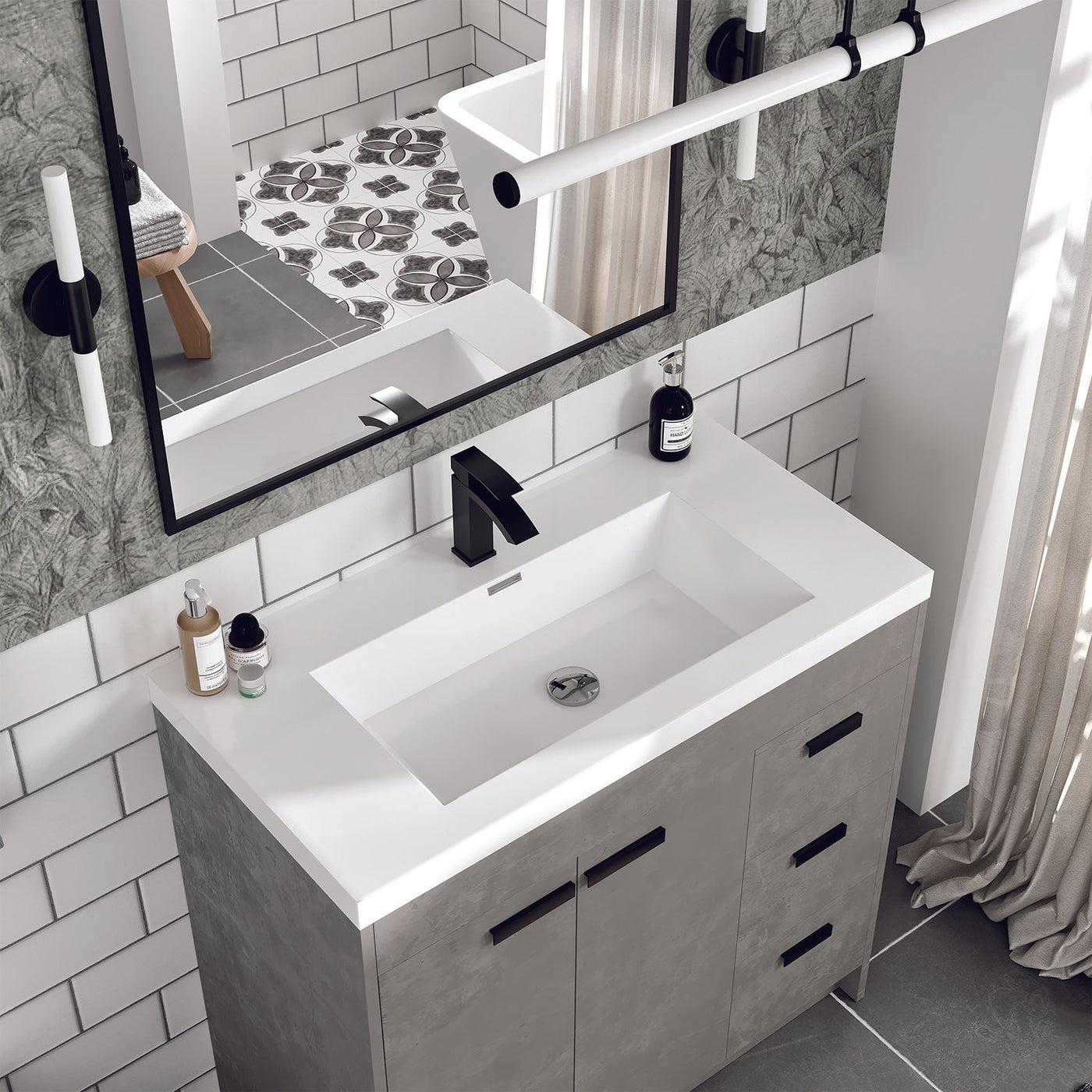 Lugano 36"W x 20"D Concrete Gray Bathroom Vanity with White Acrylic Countertop and Integrated Sink