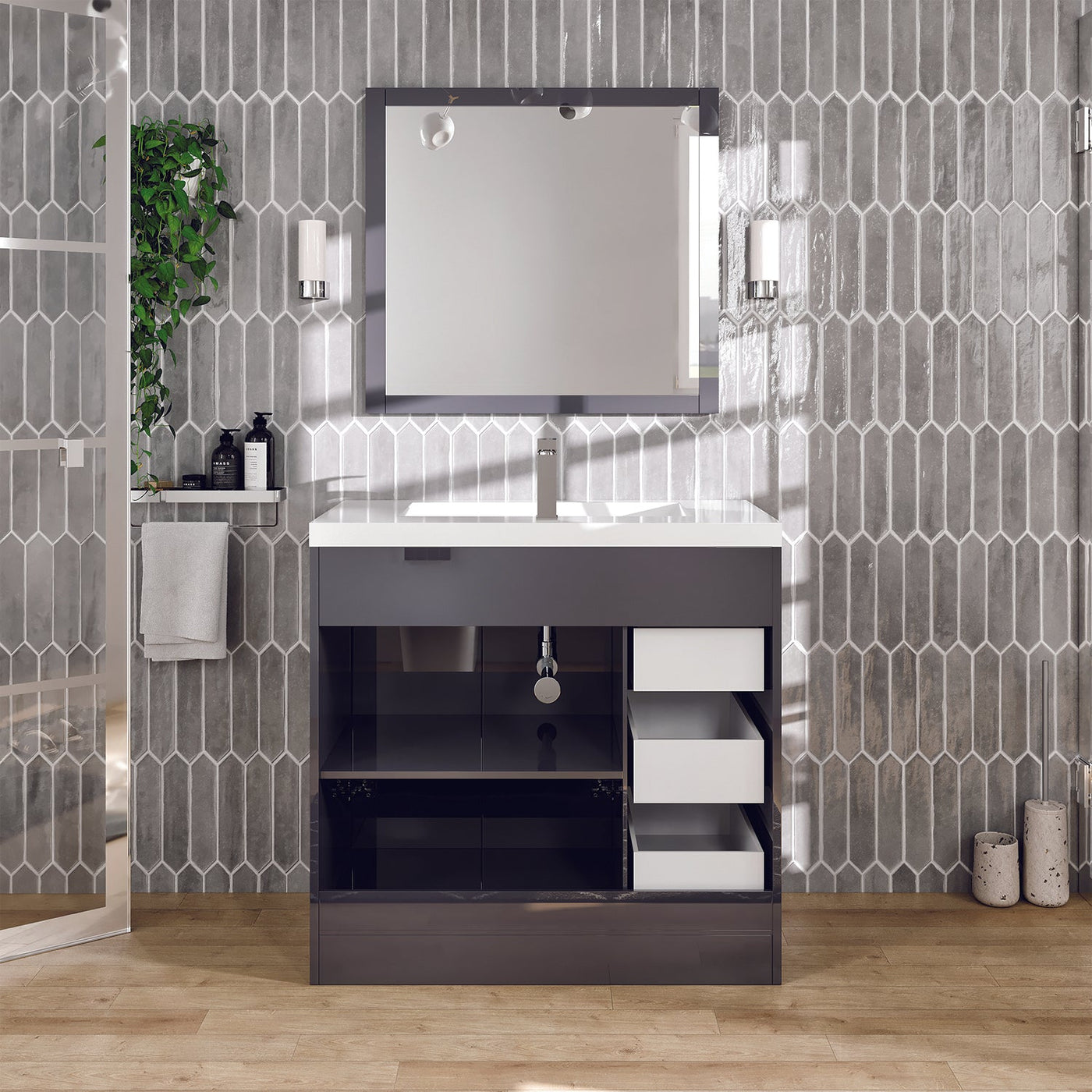 Lugano 36"W x 20"D Gray Bathroom Vanity with White Acrylic Countertop and Integrated Sink