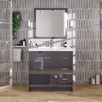 Lugano 36"W x 20"D Gray Bathroom Vanity with White Acrylic Countertop and Integrated Sink