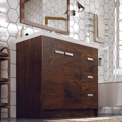 Lugano 36"W x 20"D Rosewood Bathroom Vanity with White Acrylic Countertop and Integrated Sink