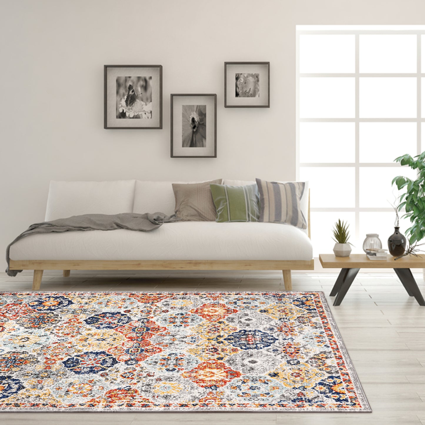 EVIVA Blossom White and Light Gray Area Rug in 6X9