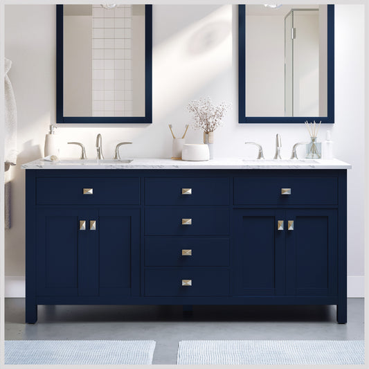 Totti Artemis 60 inch Blue Transitional Double Sink Bathroom Vanity with White Carrara Style Man-Made Stone Countertop and Under mount Porcelain Sinks