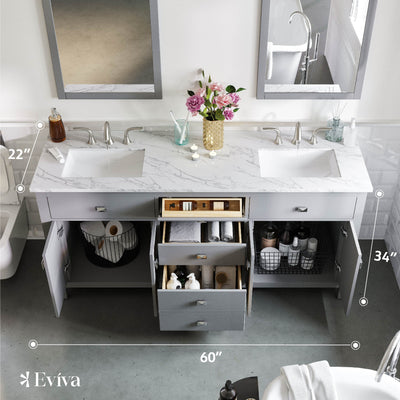 Artemis 60"W x 22"D Gray Double Sink Bathroom Vanity with White Carrara Quartz Countertop and Undermount Porcelain Sinks