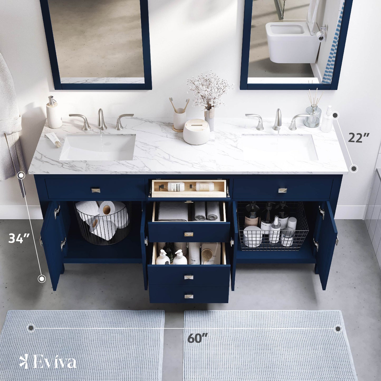 Totti Artemis 60 inch Blue Transitional Double Sink Bathroom Vanity with White Carrara Style Man-Made Stone Countertop and Under mount Porcelain Sinks