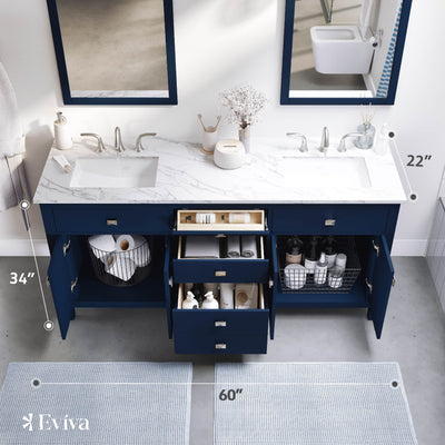 Artemis 60"W x 22"D Blue Double Sink Bathroom Vanity with White Carrara Quartz Countertop and Undermount Porcelain Sinks