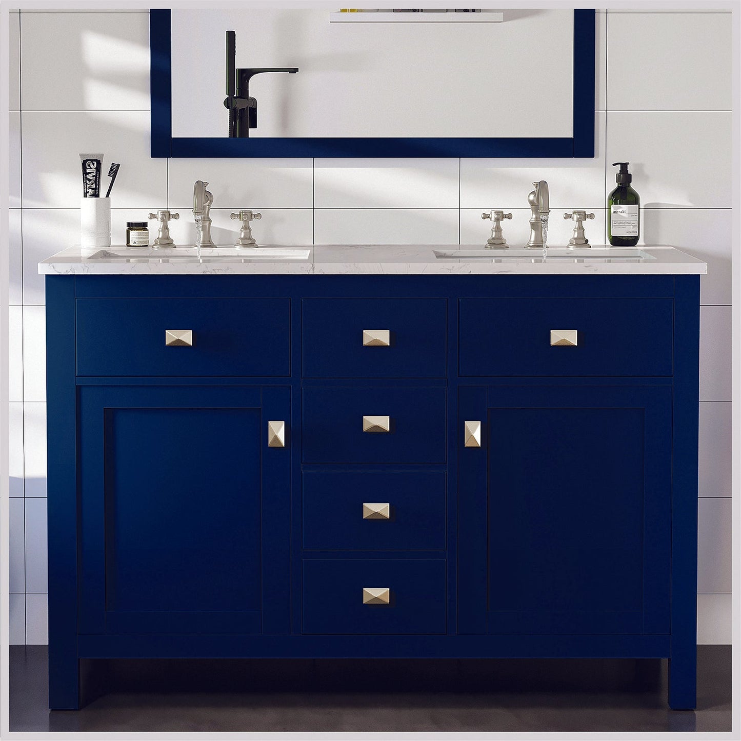 Totti Artemis 48" Blue Transitional Double Sink Bathroom Vanity w/ White Carrara Style Man-Made Stone Top