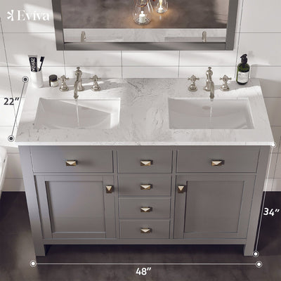 Artemis 48"W x 22"D Gray Double Sink Bathroom Vanity with White Carrara Quartz Countertop and Undermount Porcelain Sinks