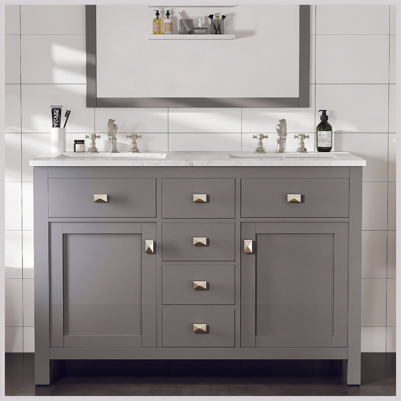 Artemis 48"W x 22"D Gray Double Sink Bathroom Vanity with White Carrara Quartz Countertop and Undermount Porcelain Sinks