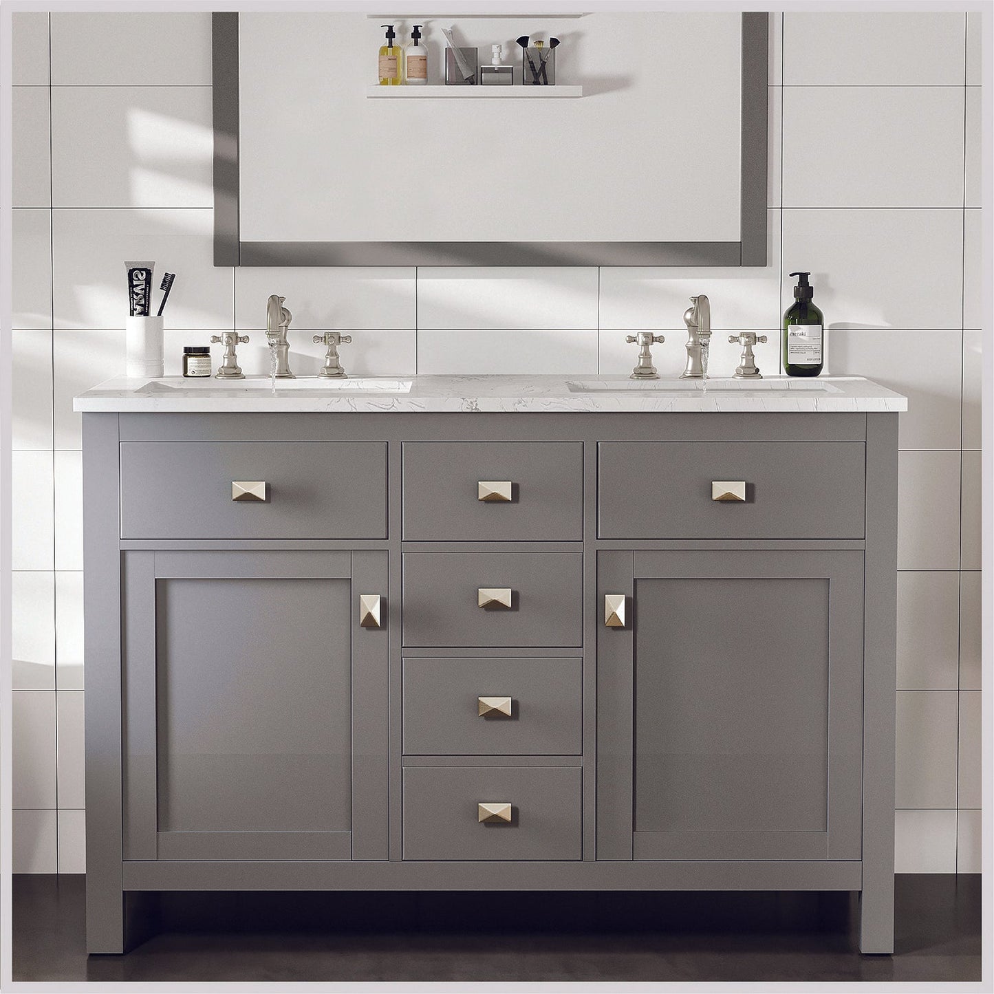 Totti Artemis 48" Gray Transitional Double Sink Bathroom Vanity w/ White Carrara Style Man-Made Stone Top