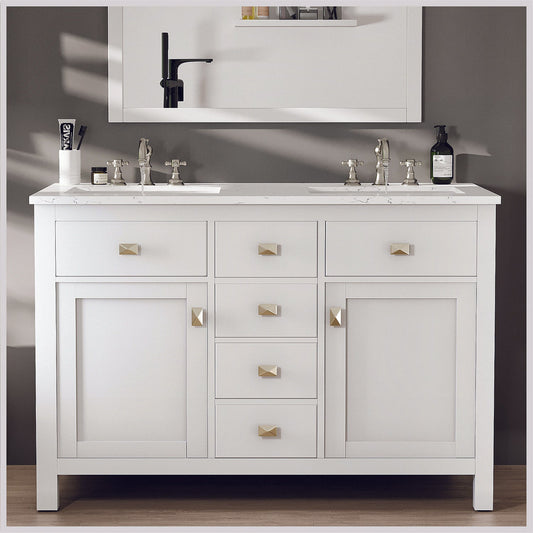 Totti Artemis 48" White Transitional Double Sink Bathroom Vanity w/ White Carrara Style Man-Made Stone Top