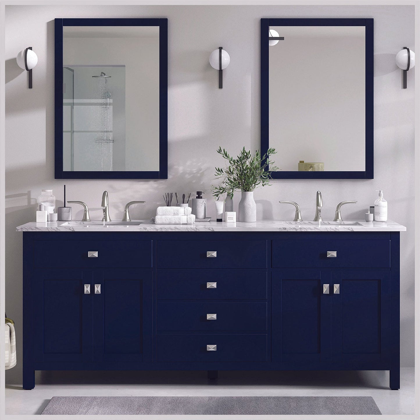 Totti Artemis 72 inch Blue Transitional Double Sink Bathroom Vanity with White Carrara Style Man-Made Stone Countertop and Under-mount Porcelain Sinks