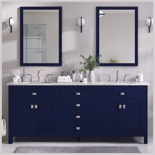 Totti Artemis 72 inch Blue Transitional Double Sink Bathroom Vanity with White Carrara Style Man-Made Stone Countertop and Under-mount Porcelain Sinks