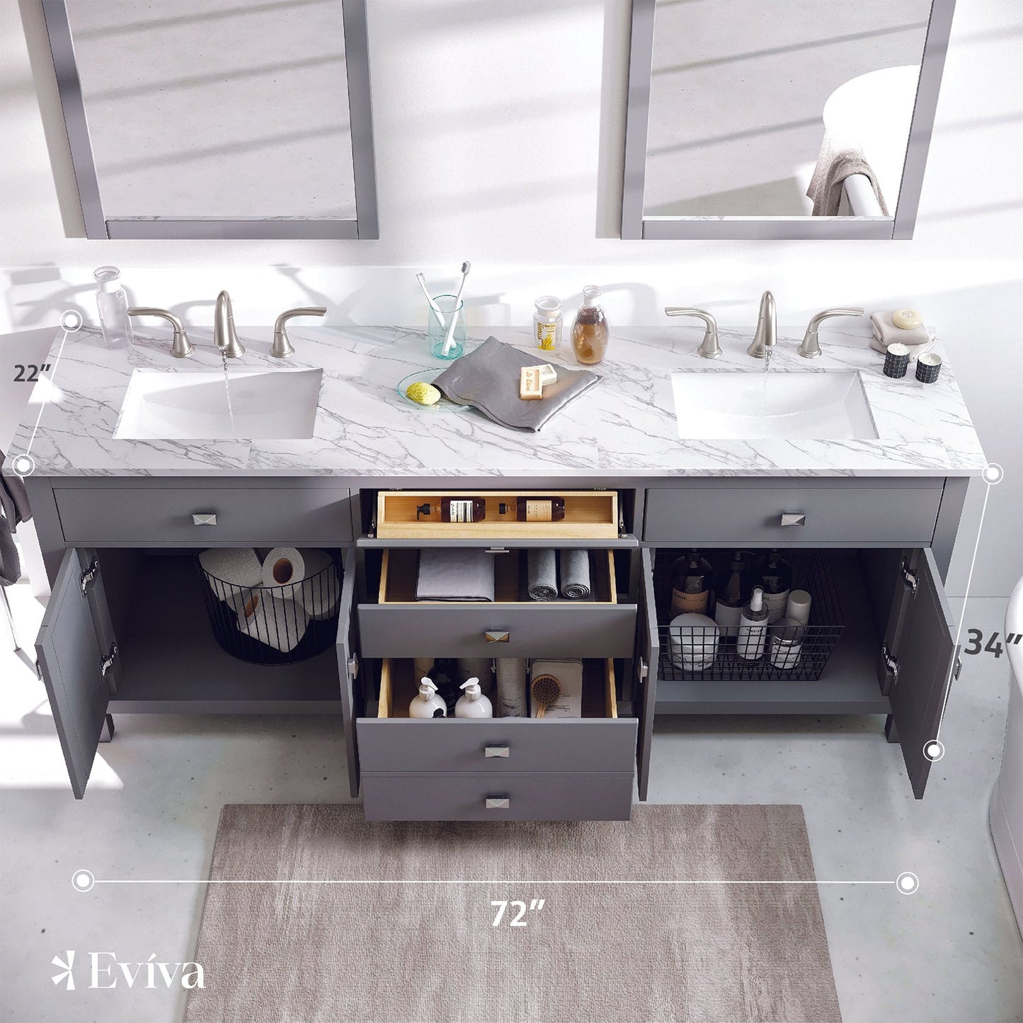 Totti Artemis 72 Inch Gray Transitional Double Sink Bathroom Vanity with White Carrara Style Man-Made Stone Countertop and Under-mount Porcelain Sinks