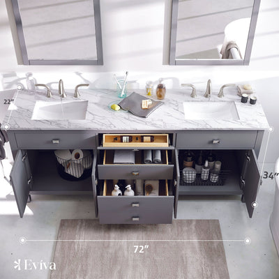 Artemis 72"W x 22"D Gray Double Sink Bathroom Vanity with White Carrara Quartz Countertop and Undermount Porcelain Sinks