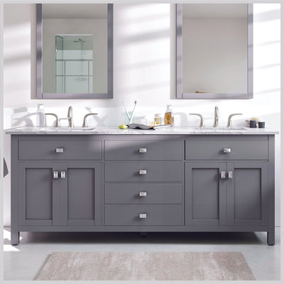 Artemis 72"W x 22"D Gray Double Sink Bathroom Vanity with White Carrara Quartz Countertop and Undermount Porcelain Sinks