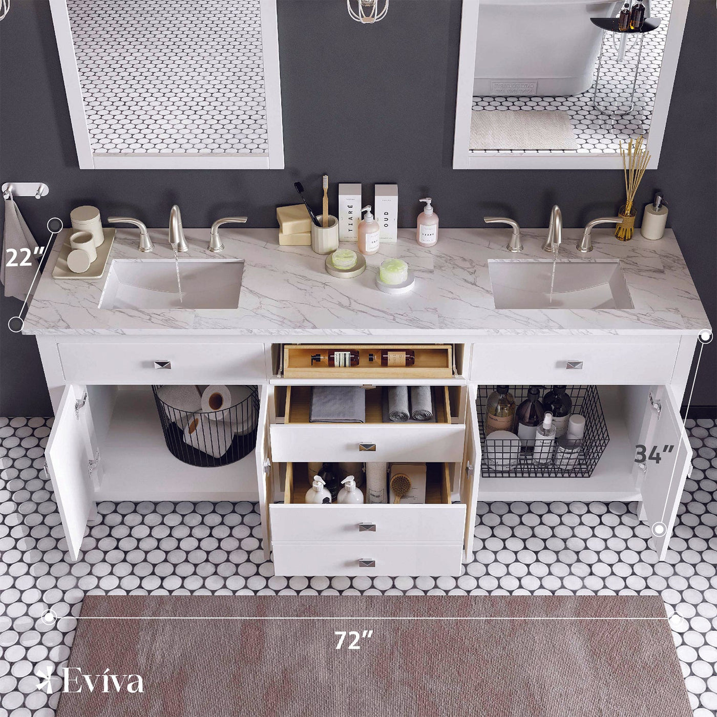 Artemis 72"W x 22"D White Double Sink Bathroom Vanity with White Carrara Quartz Countertop and Undermount Porcelain Sinks