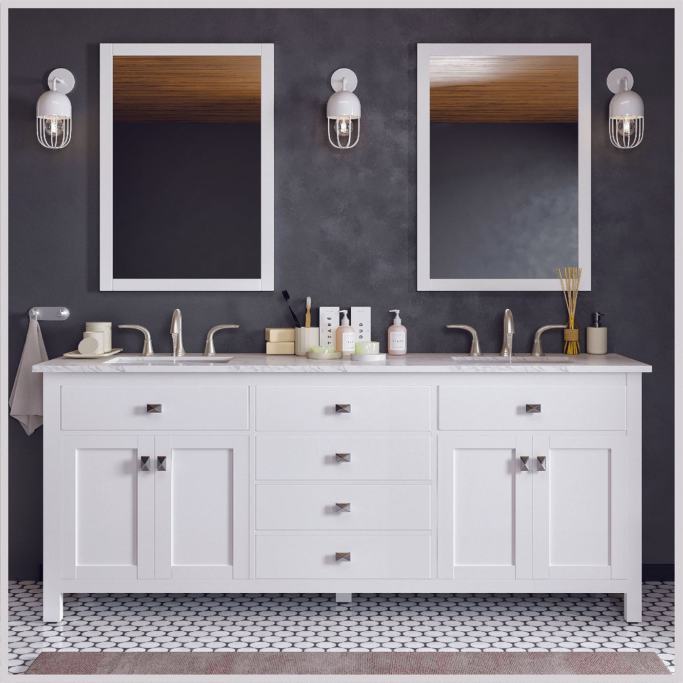 Artemis 72"W x 22"D White Double Sink Bathroom Vanity with White Carrara Quartz Countertop and Undermount Porcelain Sinks